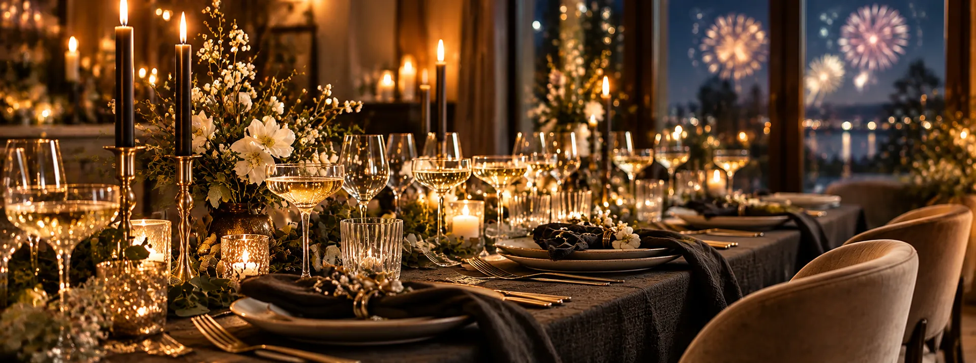 Festligt dækket nytårsbord med levende lys, champagneglas og fyrværkeri i baggrunden.