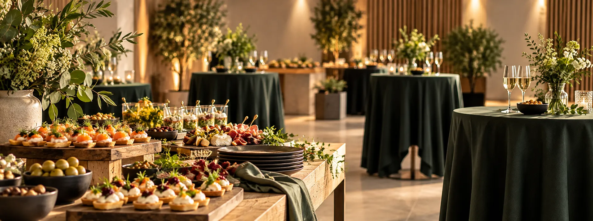 Buffet med små anretninger i et stemningsfuldt festlokale med grønne duge, blomster og ståborde til firmaarrangement.