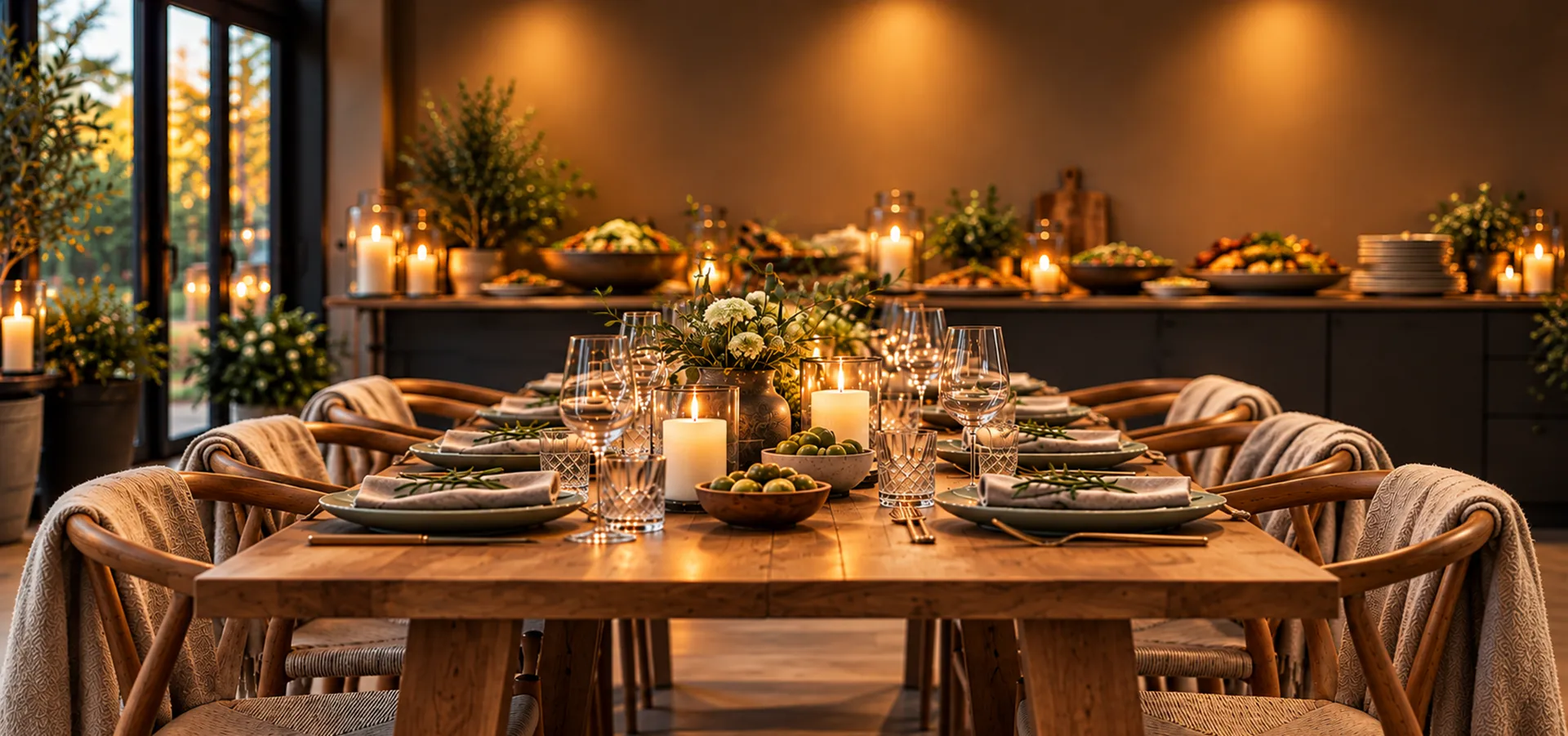 Stemningsfuldt dækket festbord med levende lys, blomster og buffet i baggrunden.